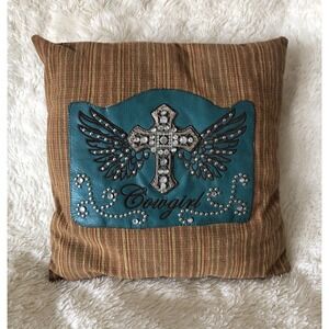 Throw Pillow Cowgirl Vintage Look Western Decorative Pillow Brown & Teal 18x18